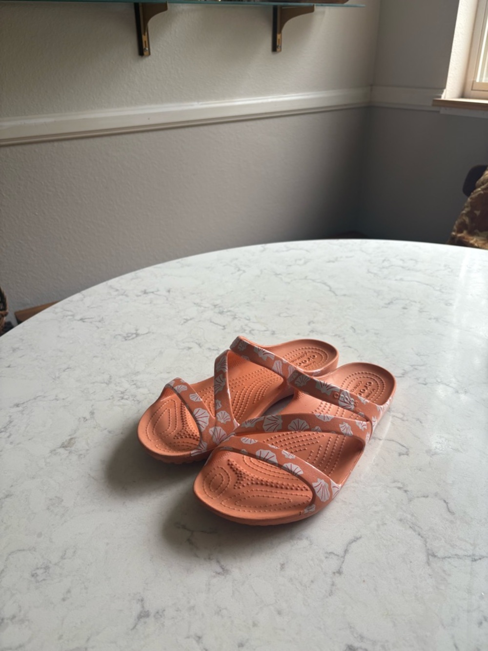 CROCS Coral Orange Shell-Print Multi-Strap Slides 8 - Picture 3 of 8